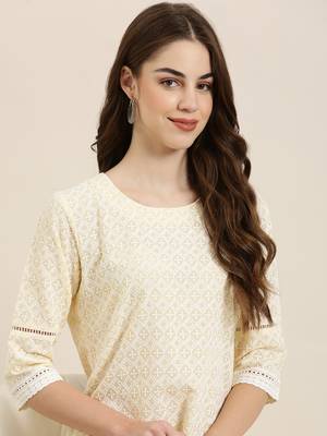 women's knee length round neck yellow embellished straight kurta 1