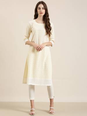 women's knee length round neck yellow embellished straight kurta 2