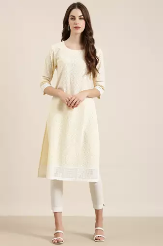 women's knee length round neck yellow embellished straight kurta
