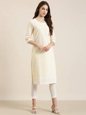 women's knee length round neck yellow embellished straight kurta 4
