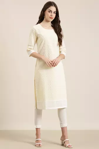 women's knee length round neck yellow embellished straight kurta