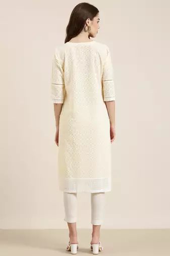 women's knee length round neck yellow embellished straight kurta