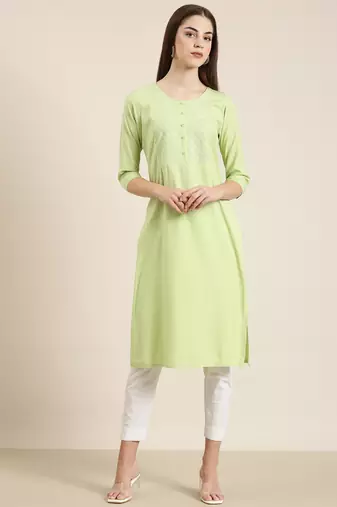 women's calf length round neck green solid straight kurta