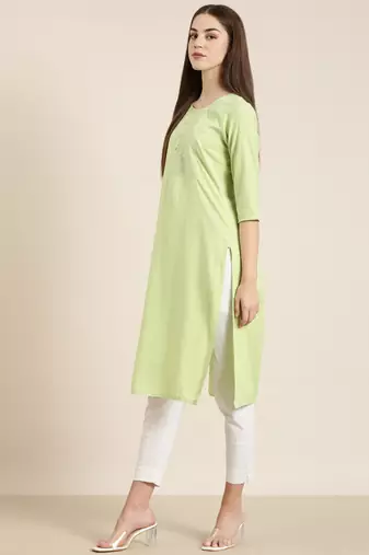 women's calf length round neck green solid straight kurta