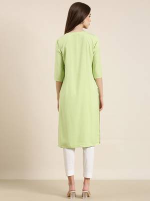women's calf length round neck green solid straight kurta 5