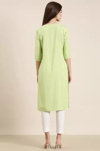 women's calf length round neck green solid straight kurta