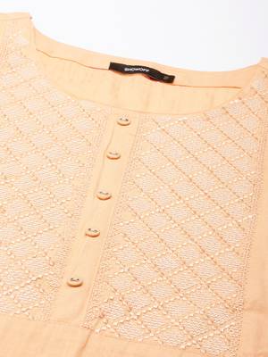 women's calf length round neck peach solid straight kurta 3
