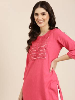 women's calf length round neck pink solid straight kurta 1
