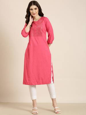 women's calf length round neck pink solid straight kurta 2