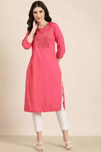 women's calf length round neck pink solid straight kurta