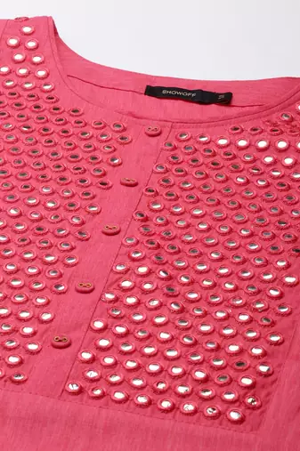 women's calf length round neck pink solid straight kurta