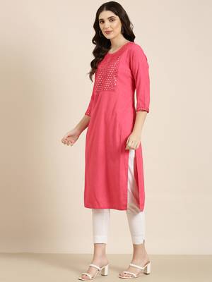 women's calf length round neck pink solid straight kurta 4