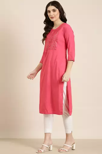 women's calf length round neck pink solid straight kurta