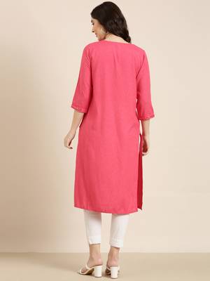 women's calf length round neck pink solid straight kurta 5