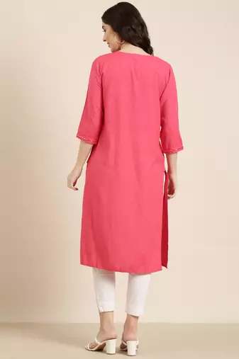 women's calf length round neck pink solid straight kurta