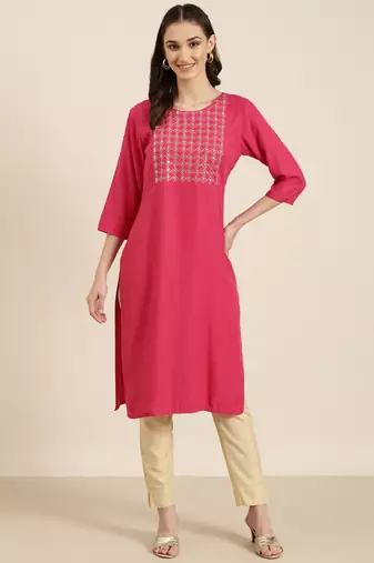 women's knee length round neck fuchsia solid straight kurta