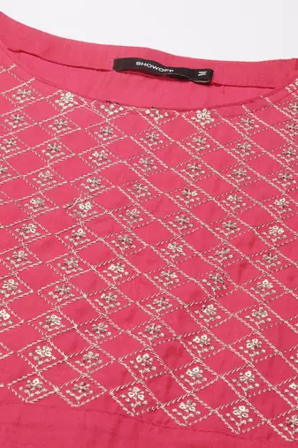 women's knee length round neck fuchsia solid straight kurta