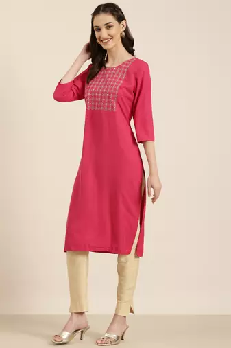 women's knee length round neck fuchsia solid straight kurta