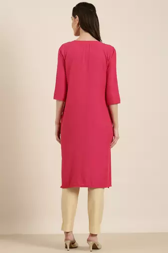 women's knee length round neck fuchsia solid straight kurta