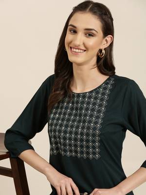 women's knee length round neck teal solid straight kurta 1