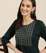 women's knee length round neck teal solid straight kurta