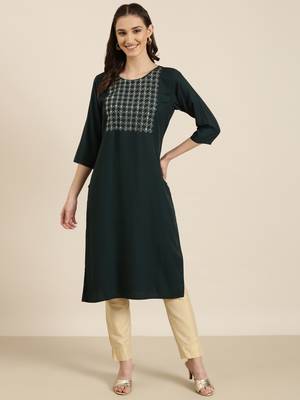 women's knee length round neck teal solid straight kurta 2