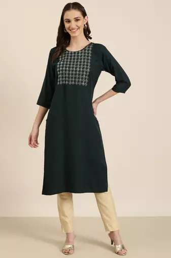 women's knee length round neck teal solid straight kurta