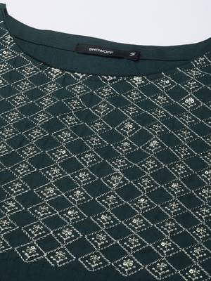 women's knee length round neck teal solid straight kurta 3