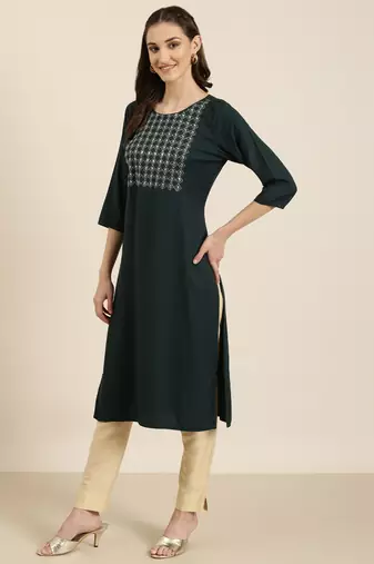 women's knee length round neck teal solid straight kurta