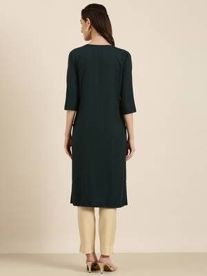 women's knee length round neck teal solid straight kurta 5