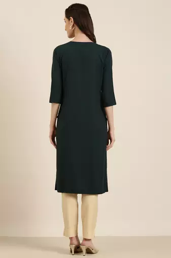 women's knee length round neck teal solid straight kurta