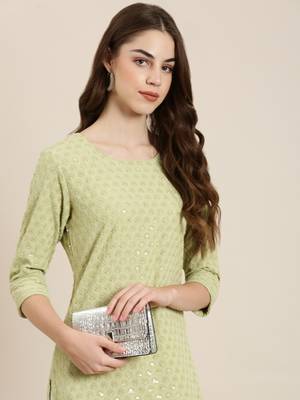 women's knee length round neck lime green embellished straight kurta 1