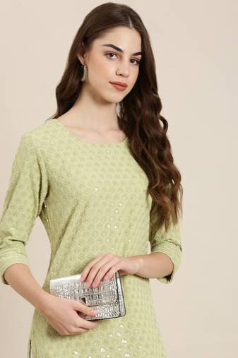 women's knee length round neck lime green embellished straight kurta