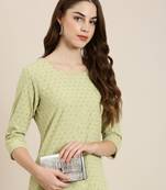 women's knee length round neck lime green embellished straight kurta