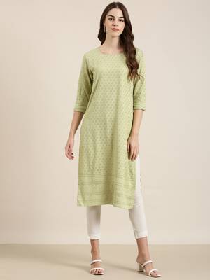 women's knee length round neck lime green embellished straight kurta 2