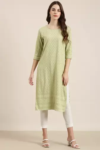 women's knee length round neck lime green embellished straight kurta