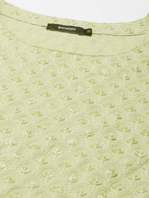 women's knee length round neck lime green embellished straight kurta 3