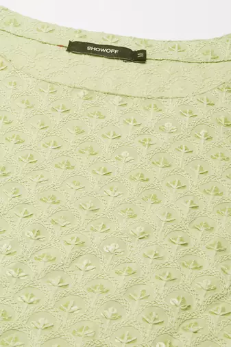 women's knee length round neck lime green embellished straight kurta