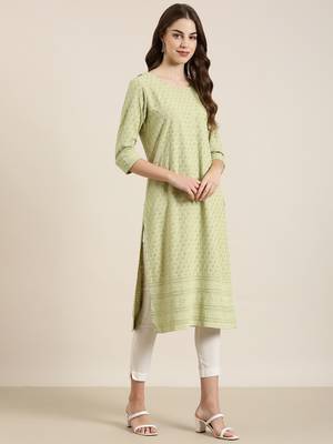 women's knee length round neck lime green embellished straight kurta 4