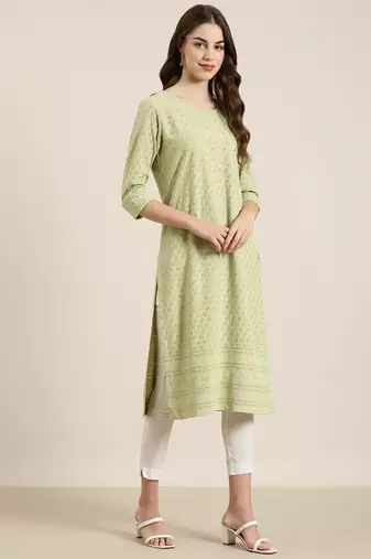 women's knee length round neck lime green embellished straight kurta