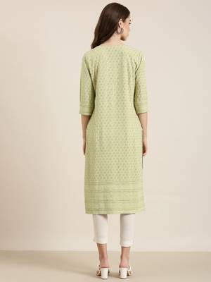 women's knee length round neck lime green embellished straight kurta 5