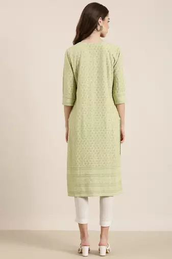women's knee length round neck lime green embellished straight kurta