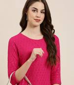 Showoff women's knee length round neck pink embellished straight kurta