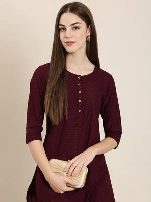 Showoff women's calf length round neck burgundy embellished straight kurta 1