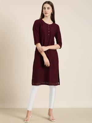 Showoff women's calf length round neck burgundy embellished straight kurta 2