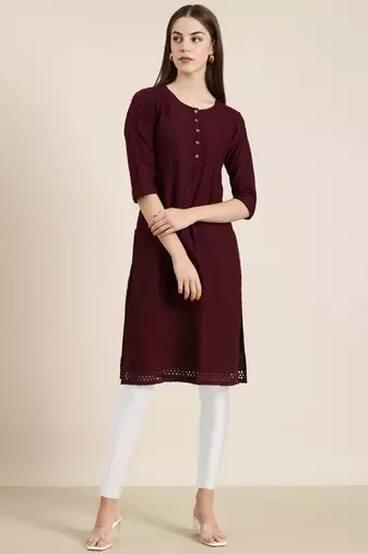 Showoff women's calf length round neck burgundy embellished straight kurta