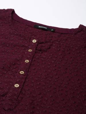 Showoff women's calf length round neck burgundy embellished straight kurta 3
