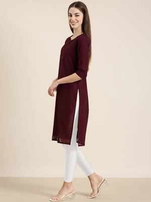 Showoff women's calf length round neck burgundy embellished straight kurta 4