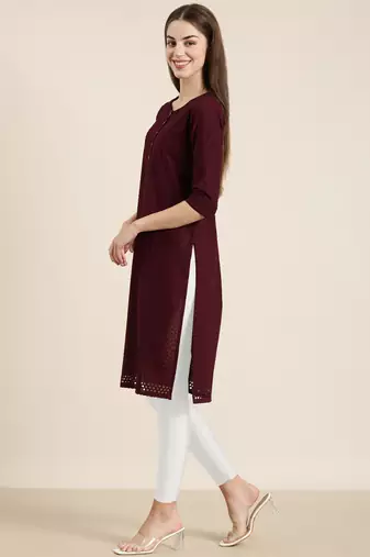 Showoff women's calf length round neck burgundy embellished straight kurta