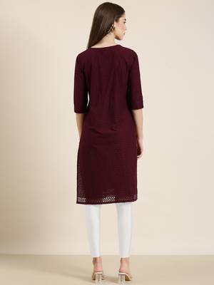 Showoff women's calf length round neck burgundy embellished straight kurta 5